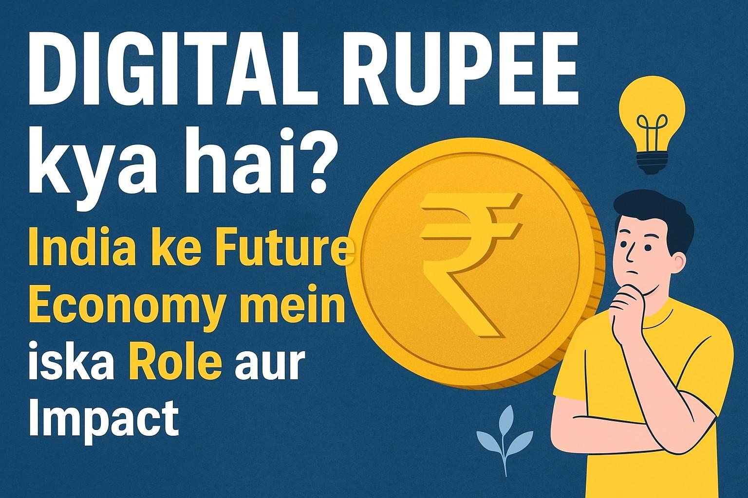 Digital Rupee thumbnail showing golden rupee coin and thinking person representing India’s future economy