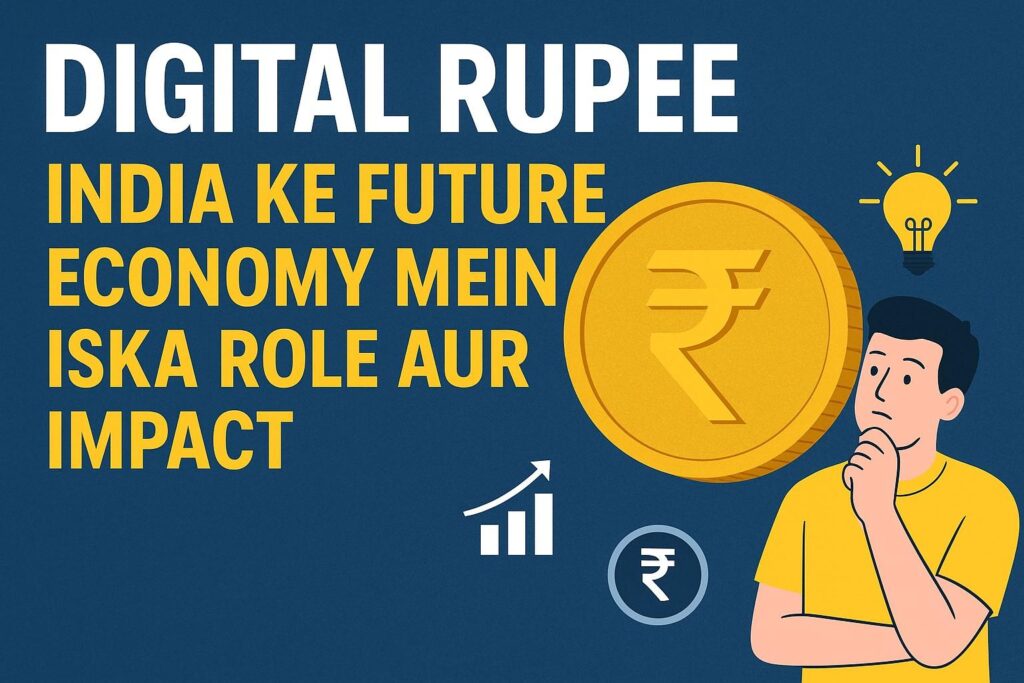 Infographic showing Digital Rupee coin, Indian man thinking, and growth icons representing India’s digital economic future
