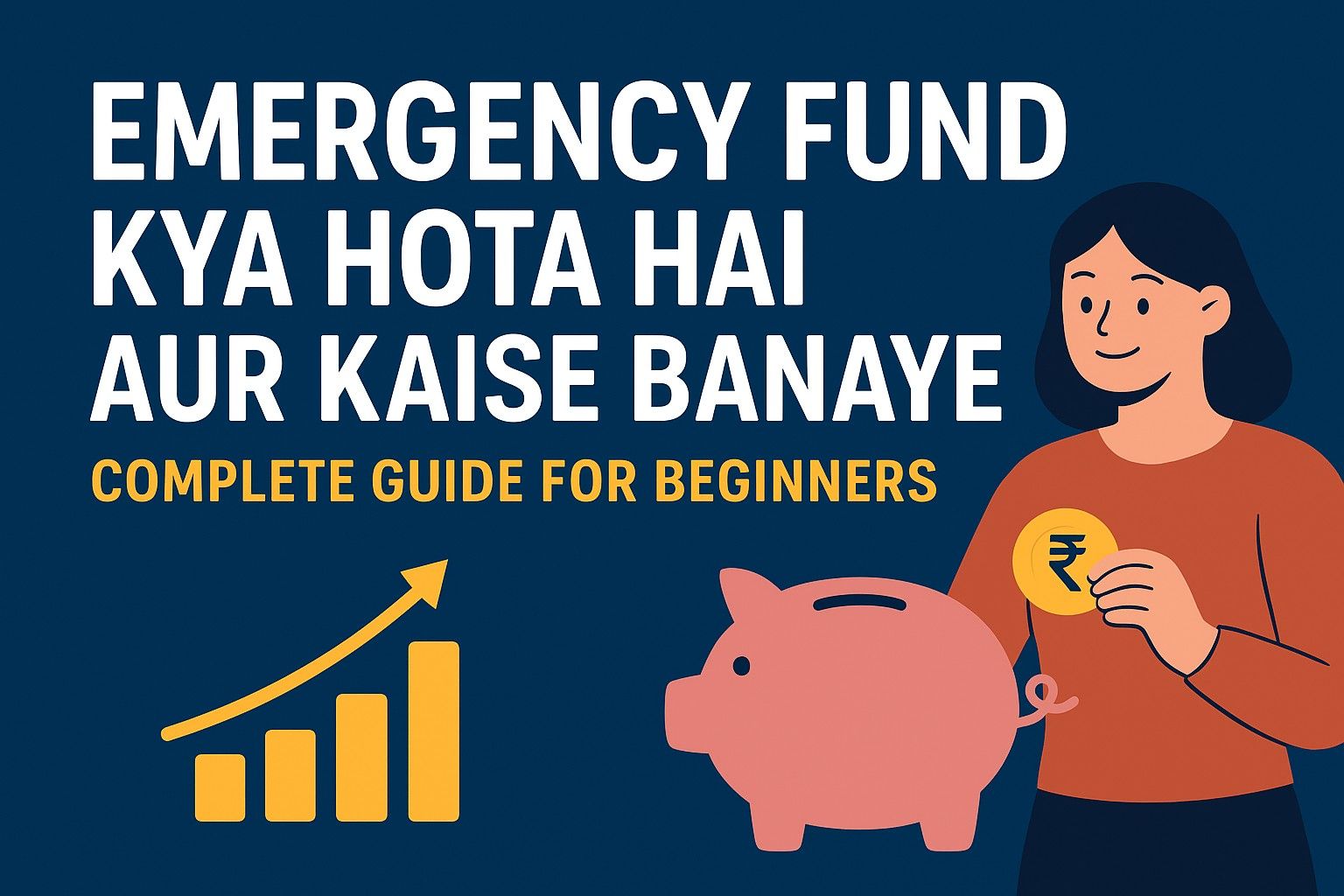 Illustration of a woman saving money in a piggy bank representing how to build an emergency fund for financial security.
