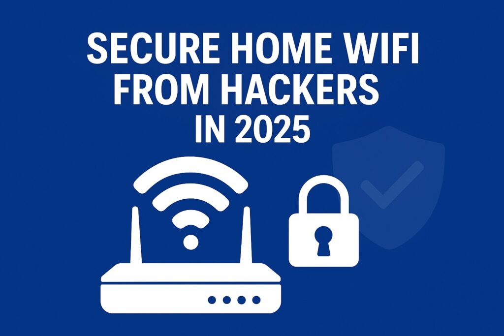 Home WiFi router with shield and lock icons showing how to secure home WiFi from hackers in 2025.