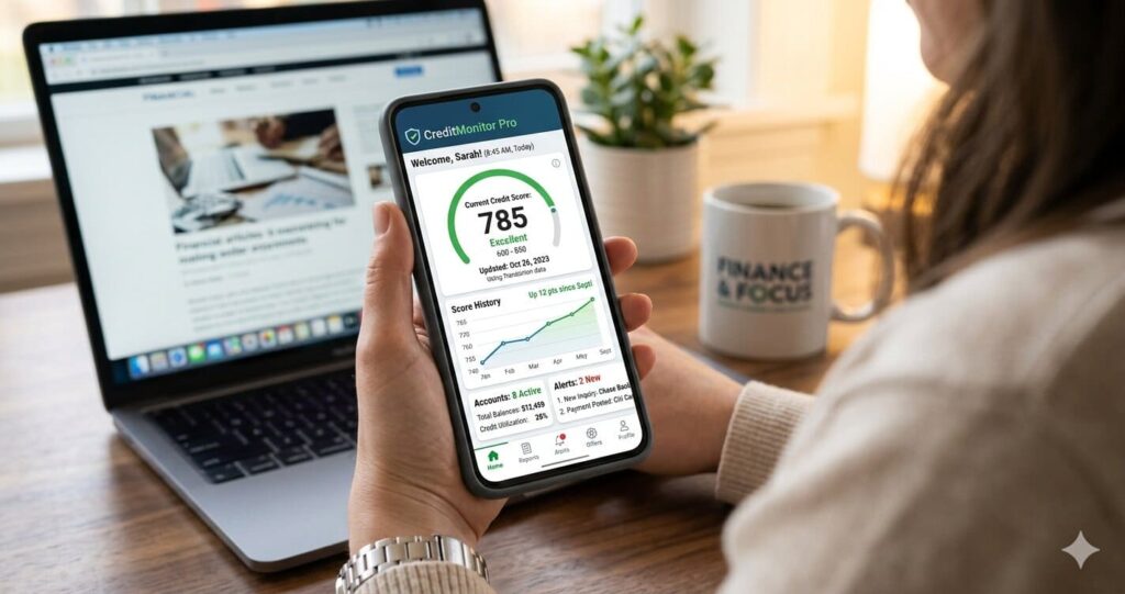 Credit monitoring dashboard showing score tracking and alerts
