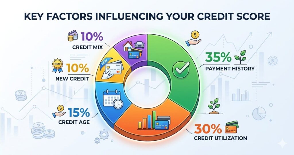 Credit score factors breakdown chart showing payment history utilization and credit mix