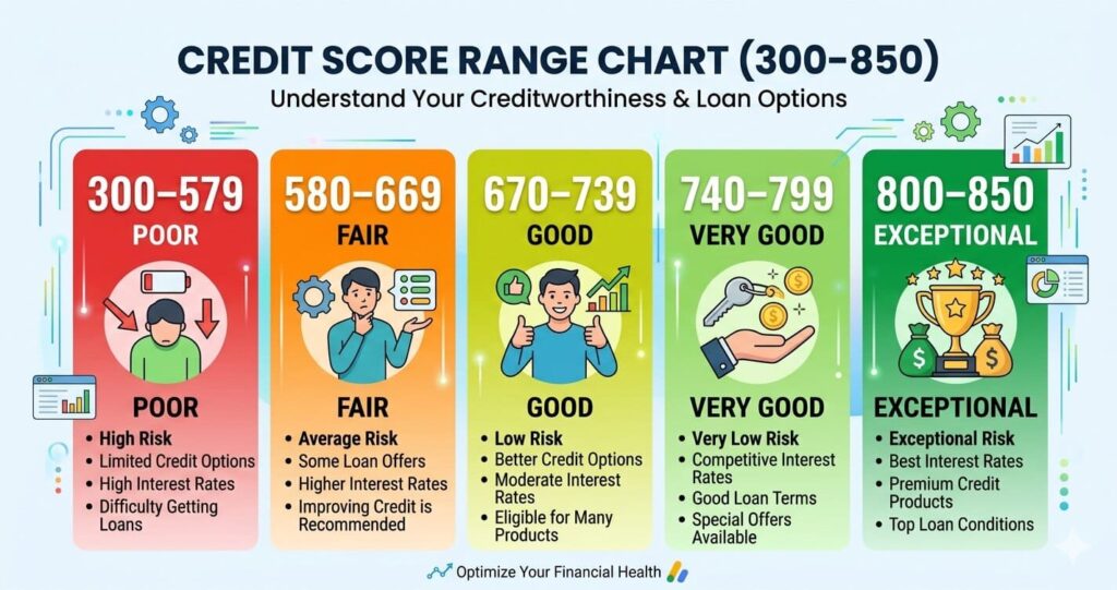 Credit score range chart showing poor fair good very good and excellent credit scores