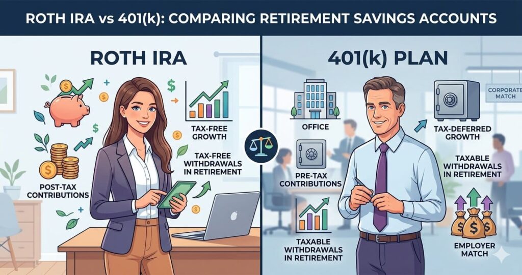 Roth IRA vs 401k comparison chart for beginners in the USA
