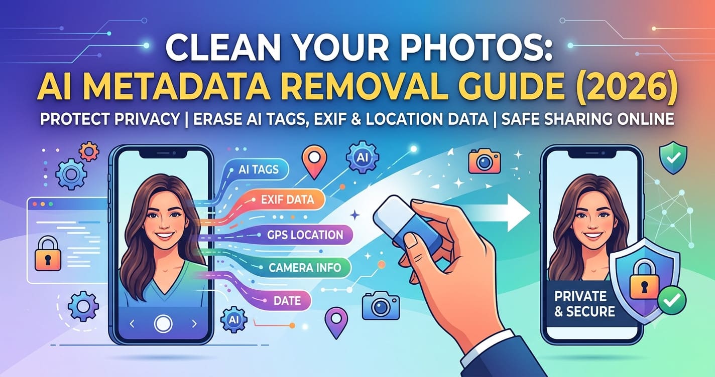 A digital illustration showing how to remove AI metadata and EXIF data from photos for online privacy in 2026.